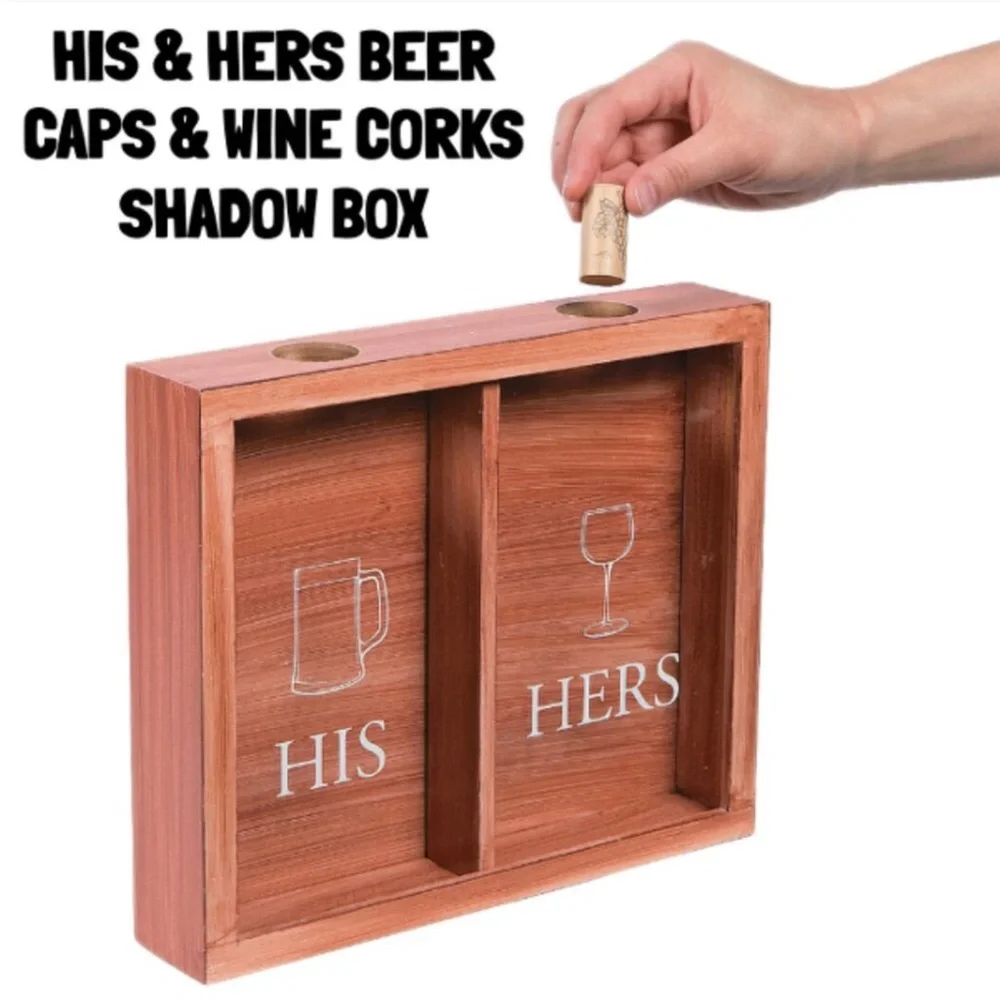 NWT His Hers Bottle Cap and Wine Cork Wooden Shadow Box